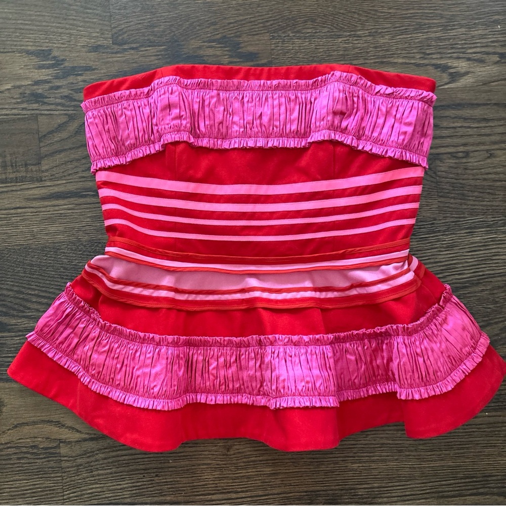 NWT Christopher John Rogers Pink Red Ribbon Stripe Strapless Peplum Top 12 M/L